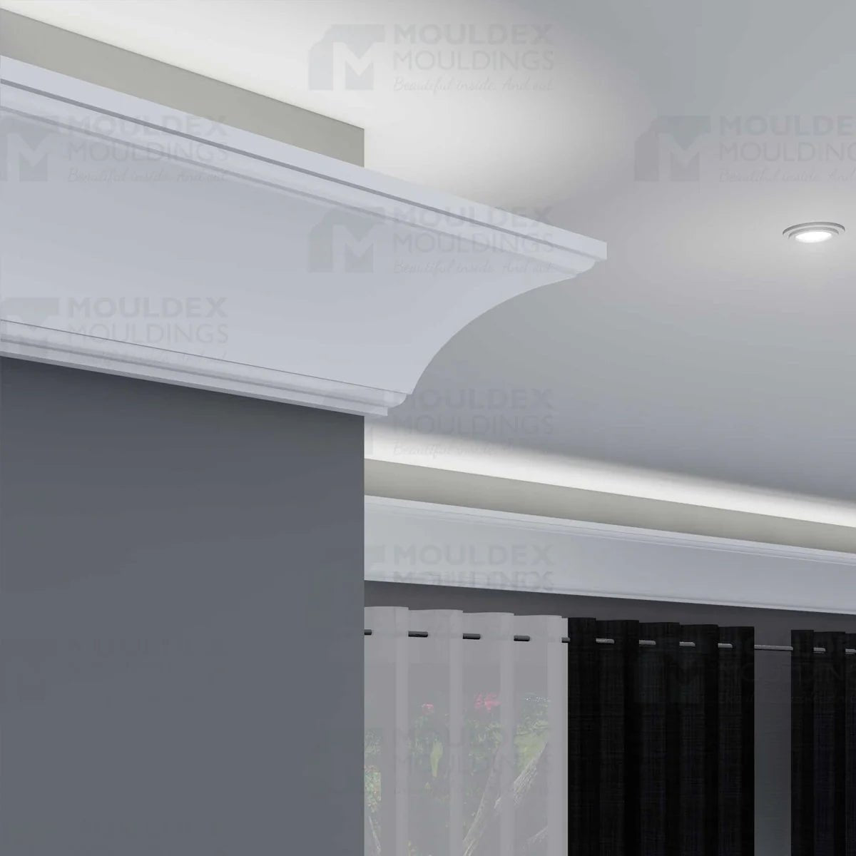 White hybrid plaster light cove profile with integrated LED illumination creating a soft glow across the ceiling.