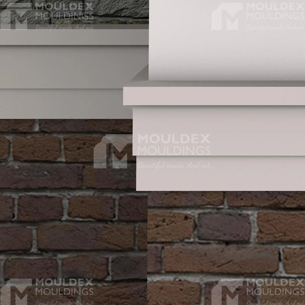 Tiered white composite middle band transition installed on a dark brick wall, featuring sharp horizontal architectural lines.
