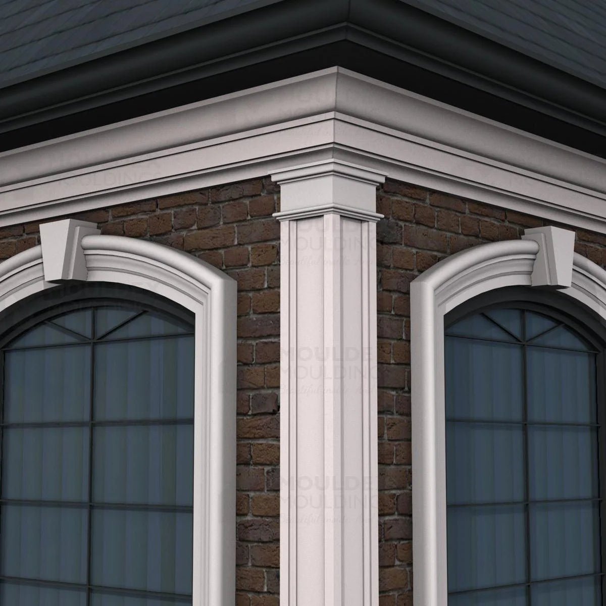 Tall white fluted pilaster installed on a brick corner, flanked by two arched windows with matching keystones and trim.