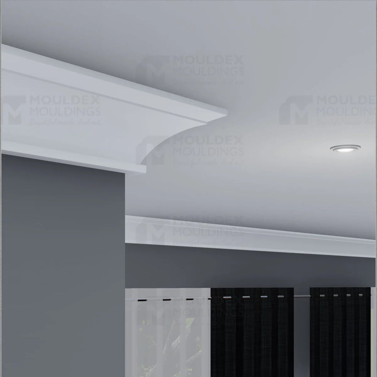 Large white hybrid plaster crown moulding featuring a deep cove profile against a grey wall and white ceiling.