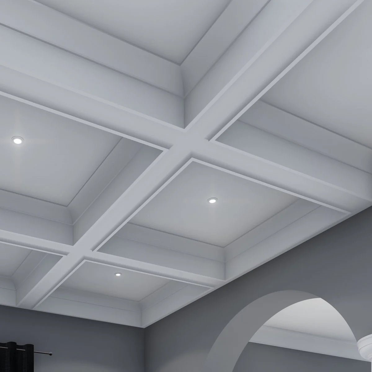 White hybrid plaster ceiling beams arranged in a grid for a seamless, lightweight coffered ceiling installation.