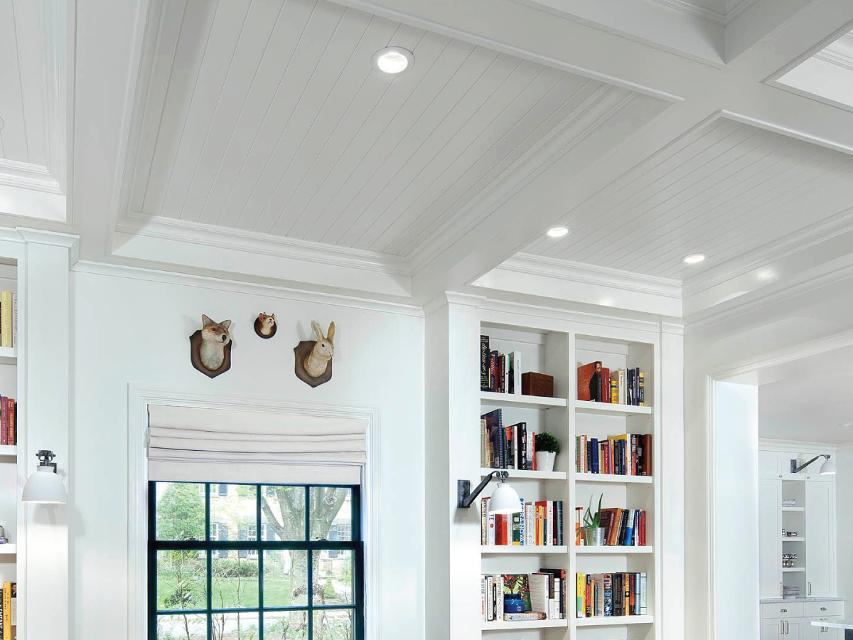 Interior coffered waffle ceiling with one piece ceiling beams in coated paster foam