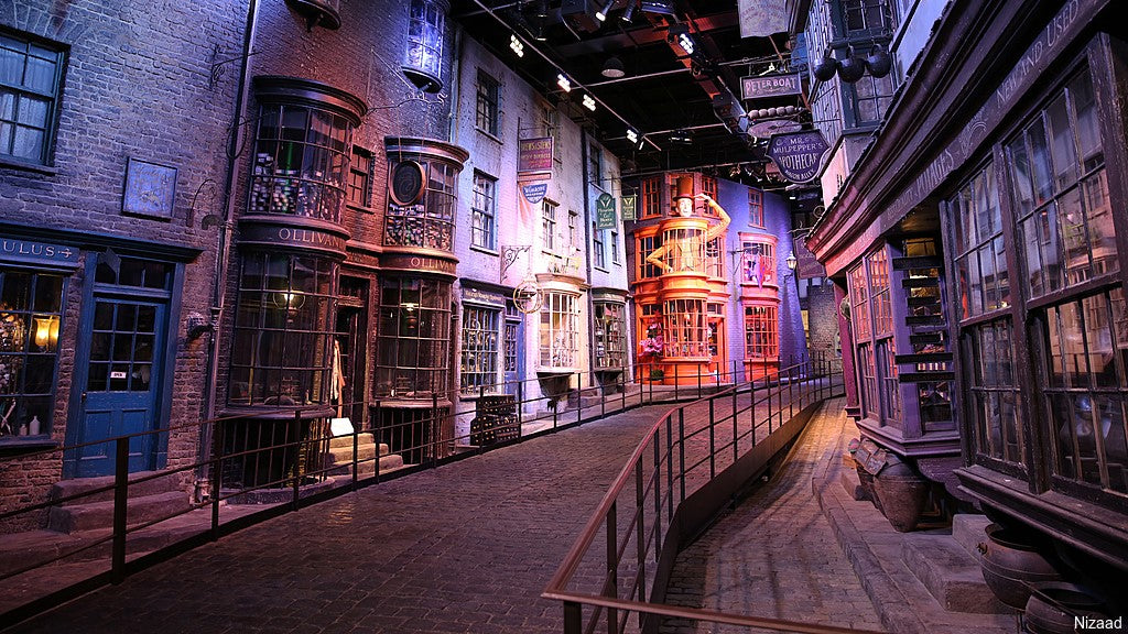 Immersive Diagon Alley film set featuring intricate storefronts, cobblestone streets, and architectural details all custom-fabricated using lightweight EPS foam for movie production.