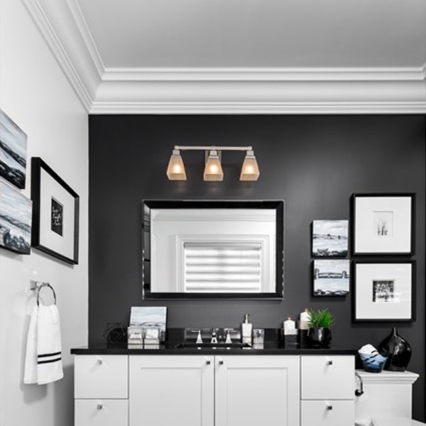 Modern ensuite bathroom from "Moving the McGillivrays" featuring high-contrast black walls, white cabinetry, and custom oversized plaster-coated crown moulding by Mouldex Composites.