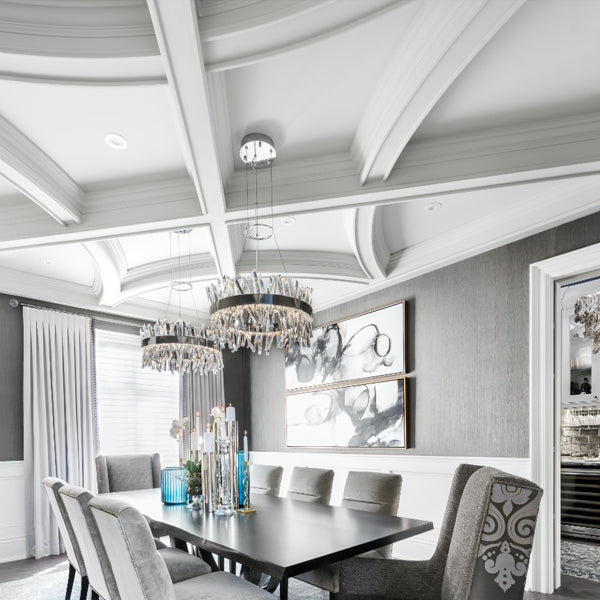 Luxury dining room from a Scott McGillivray renovation featuring a custom vaulted coffered ceiling with intricate plaster-coated mouldings by Mouldex Composites.