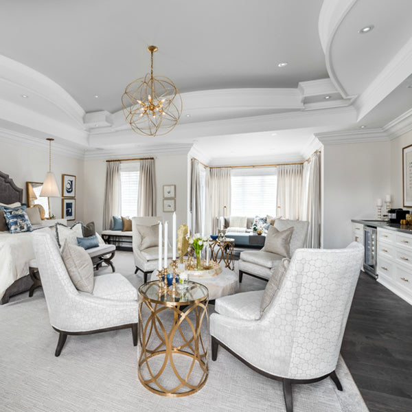 Master bedroom from a Scott McGillivray project featuring custom multi-layered plaster-coated crown moulding and a recessed tray ceiling by Mouldex Composites.