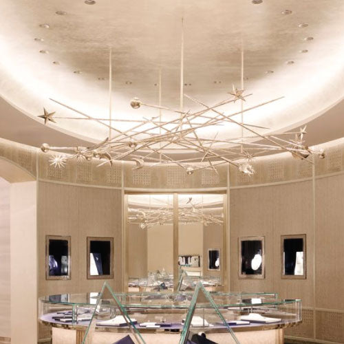 Luxury retail interior of Tiffany & Co. at Yorkdale Mall featuring a grand circular recessed ceiling with custom-engineered plaster-coated foam mouldings by Mouldex Composites.